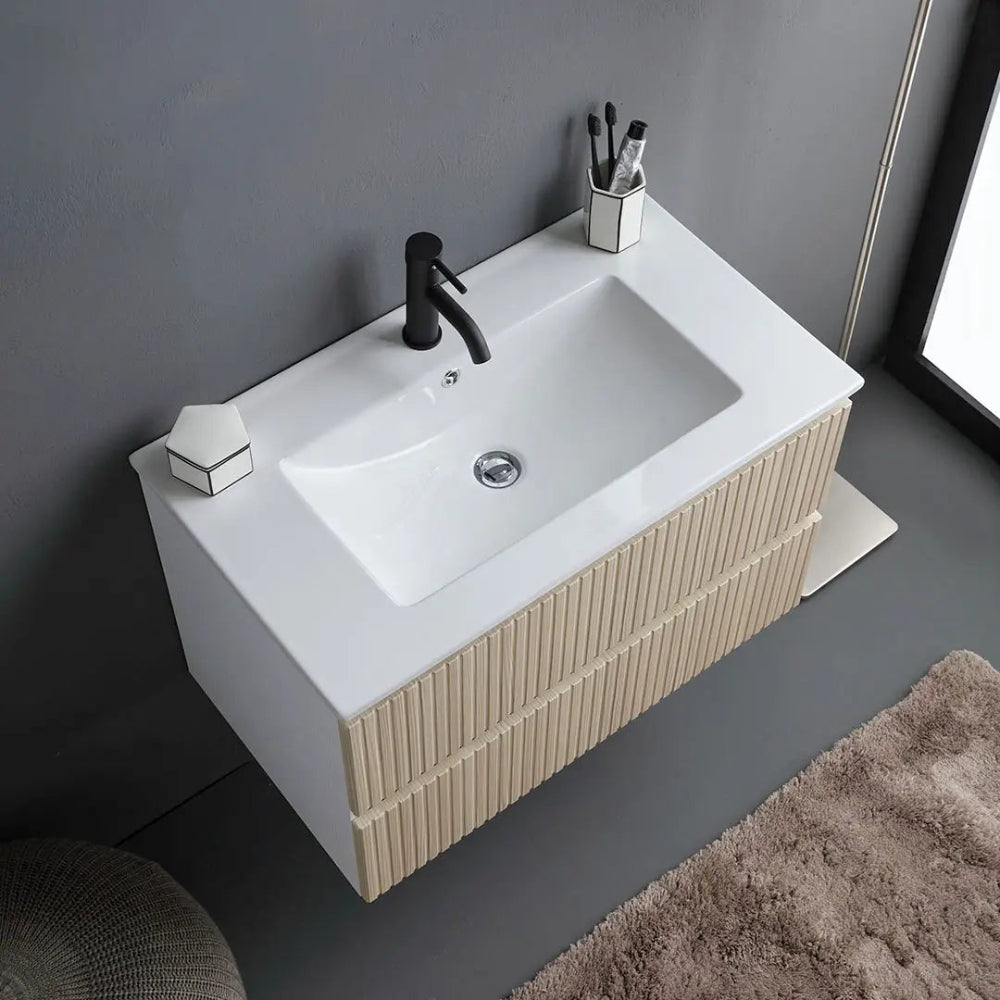 Meuble de salle de bain suspendu 80 cm blanc avec 2 tiroirs chêne