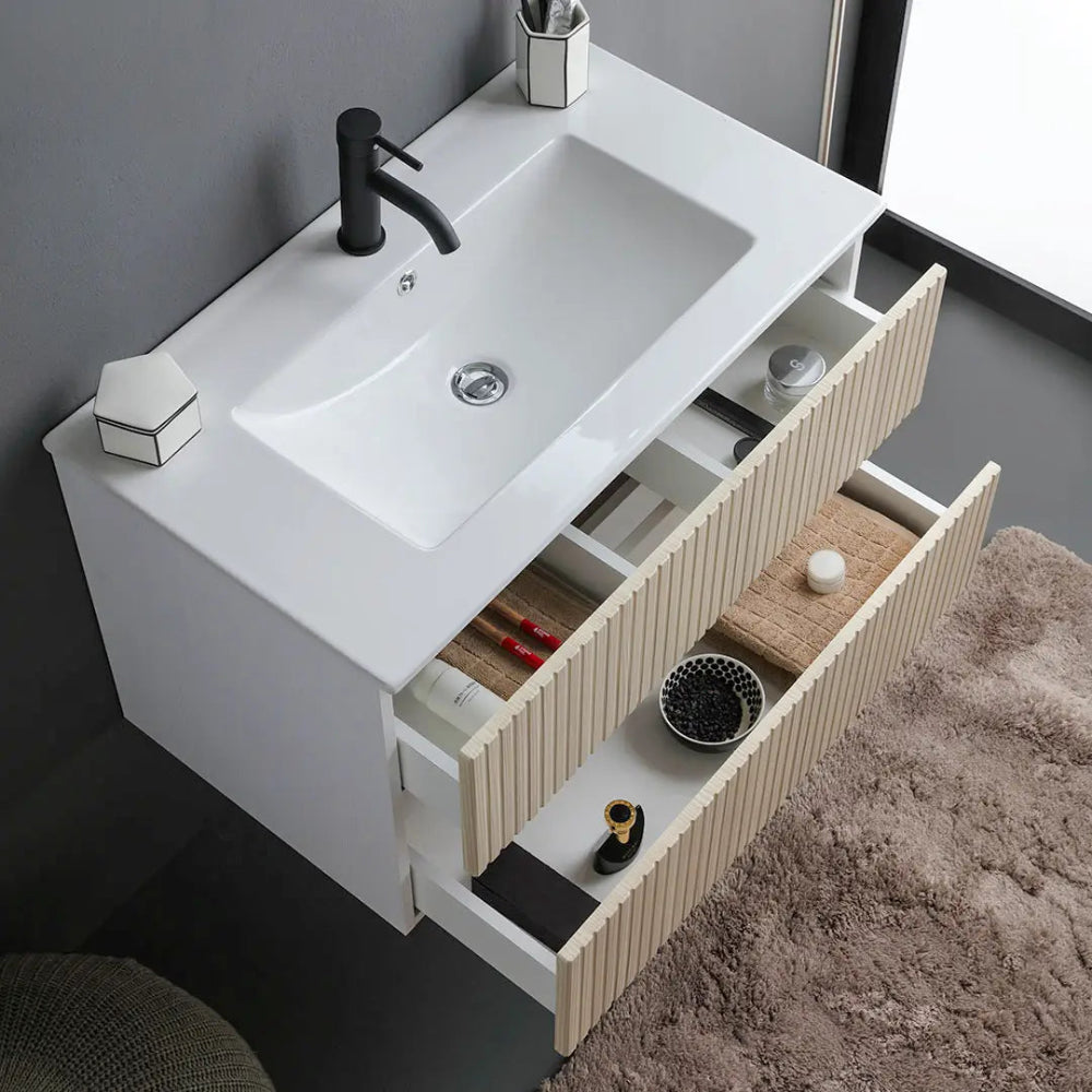 Meuble de salle de bain suspendu 80 cm blanc avec 2 tiroirs chêne