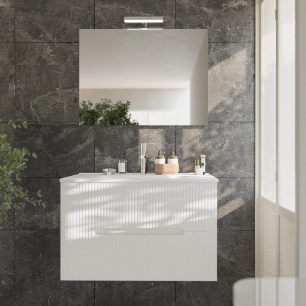 Meuble de salle de bain suspendu 80 cm blanc avec façade cannelée