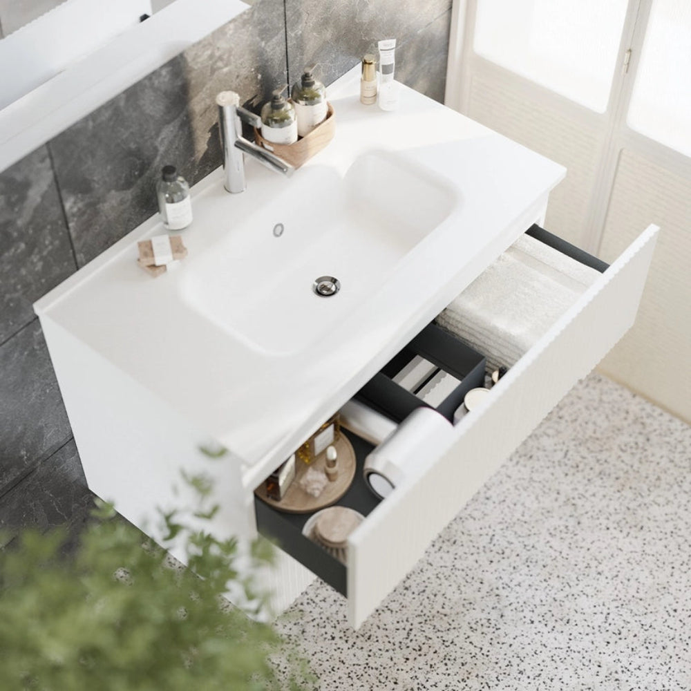 Meuble de salle de bain suspendu 80 cm blanc avec façade cannelée