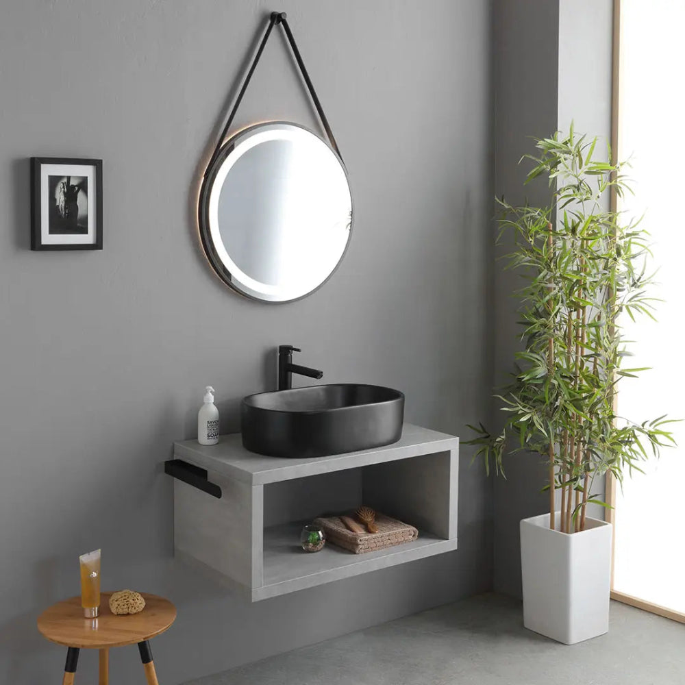 Meuble de salle de bain suspendu 80 cm finition béton et vasque à poser noir mat