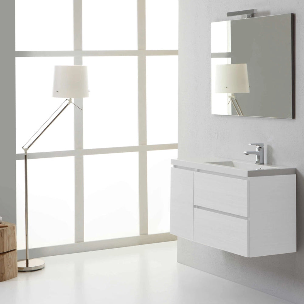Meuble de salle de bain suspendu 90 cm blanc forêt, profondeur réduite