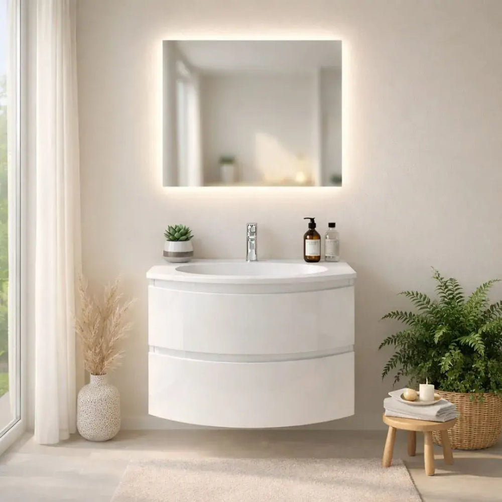 Meuble de salle de bain suspendu à façade courbe blanc brillant