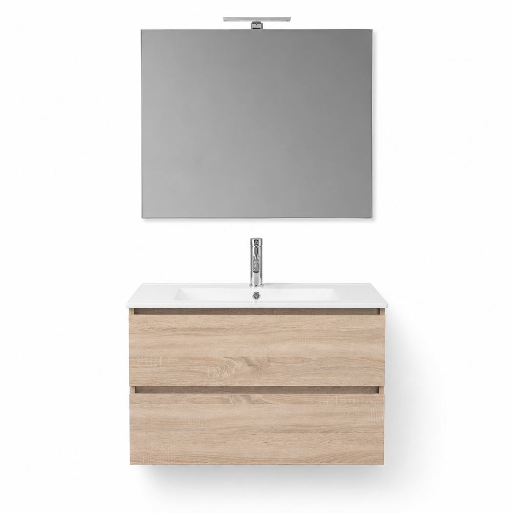 Meuble de salle de bain suspendu chêne Well 90 cm avec lavabo et miroir