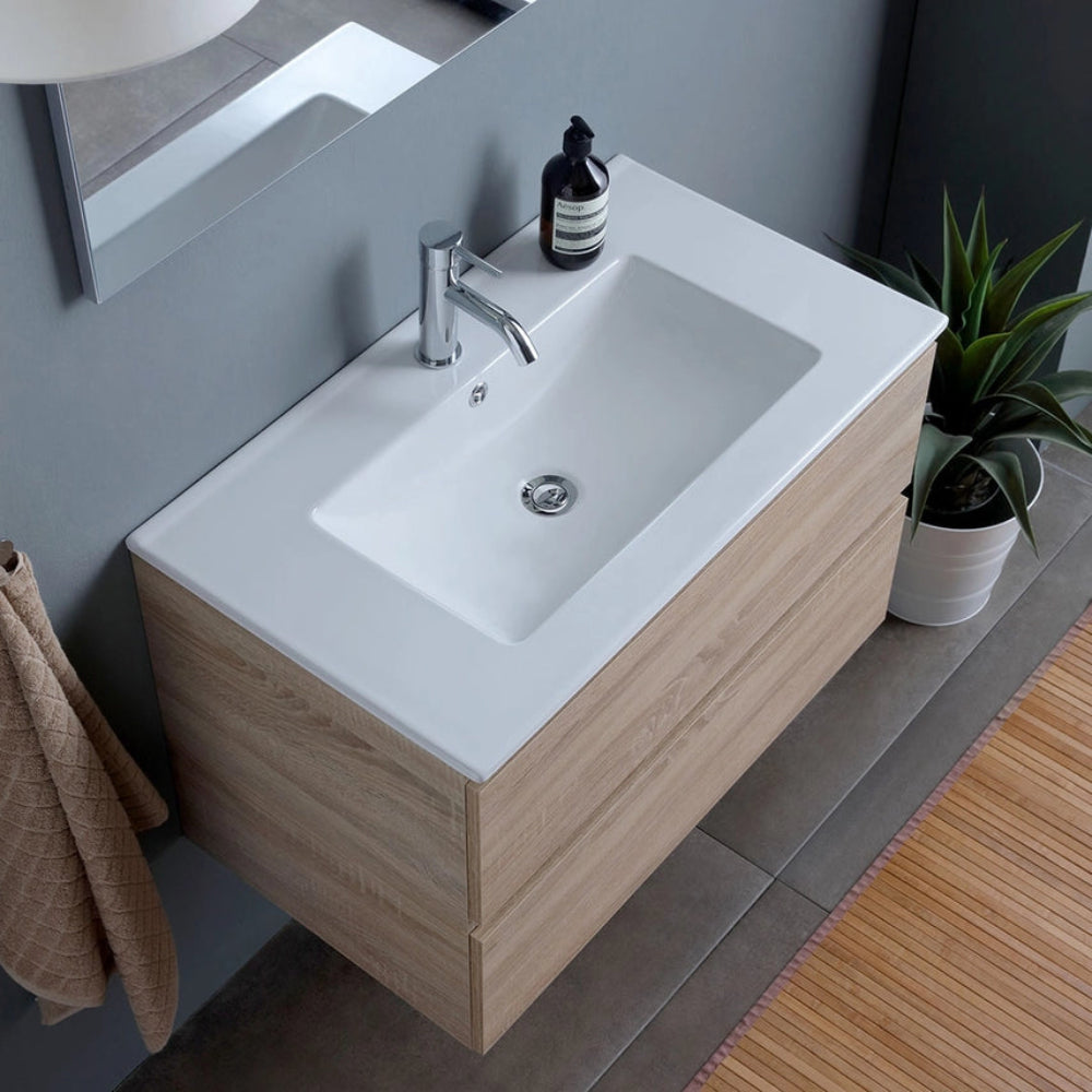 Meuble de salle de bain suspendu chêne Well 90 cm avec lavabo et miroir