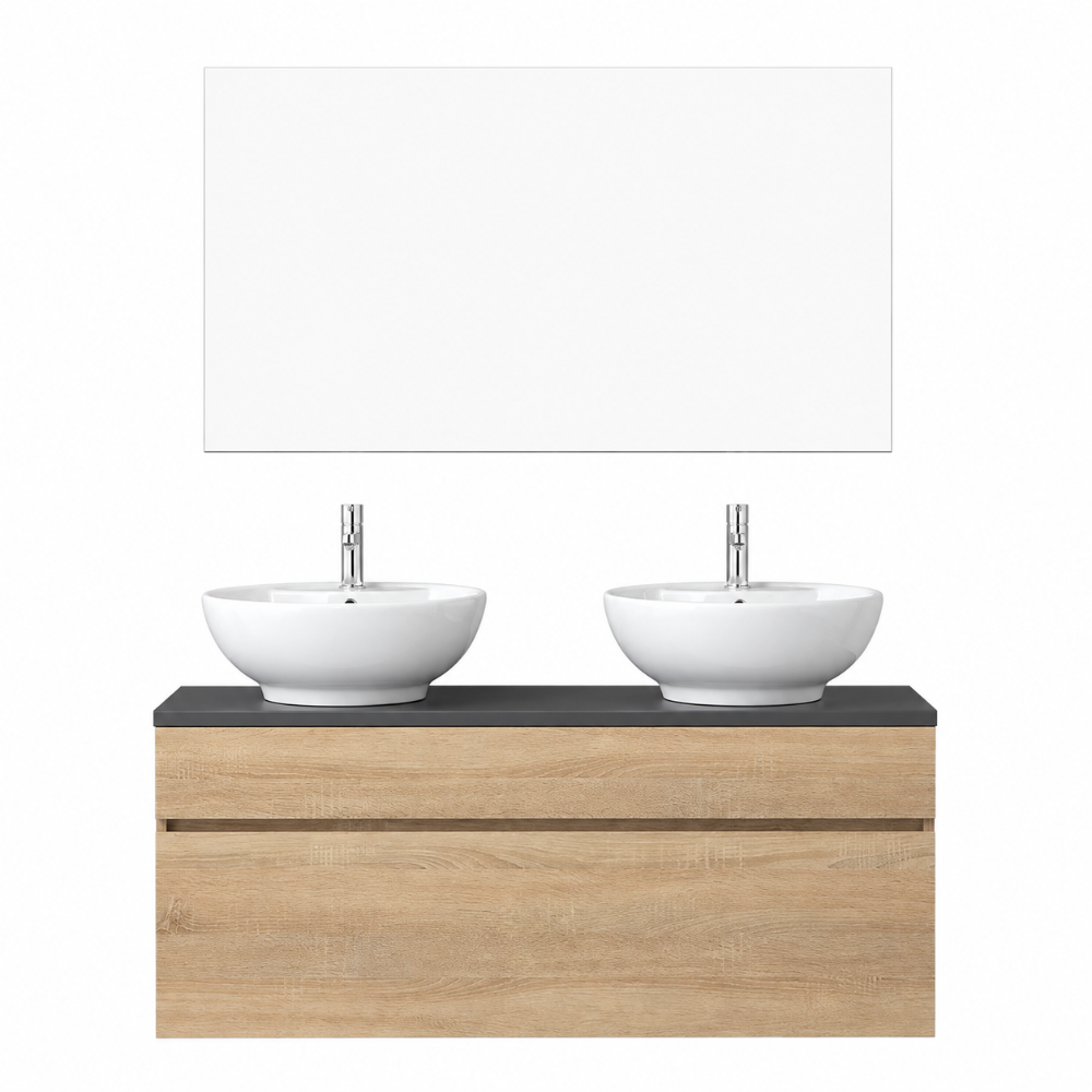 Meuble de salle de bain suspendu double vasque 120 cm, chêne et anthracite