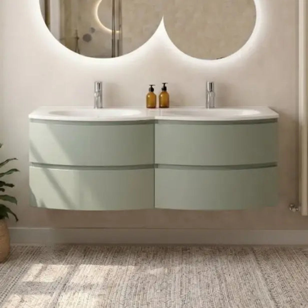 Meuble de salle de bain suspendu vert sauge avec 4 tiroirs et lavabo en résine