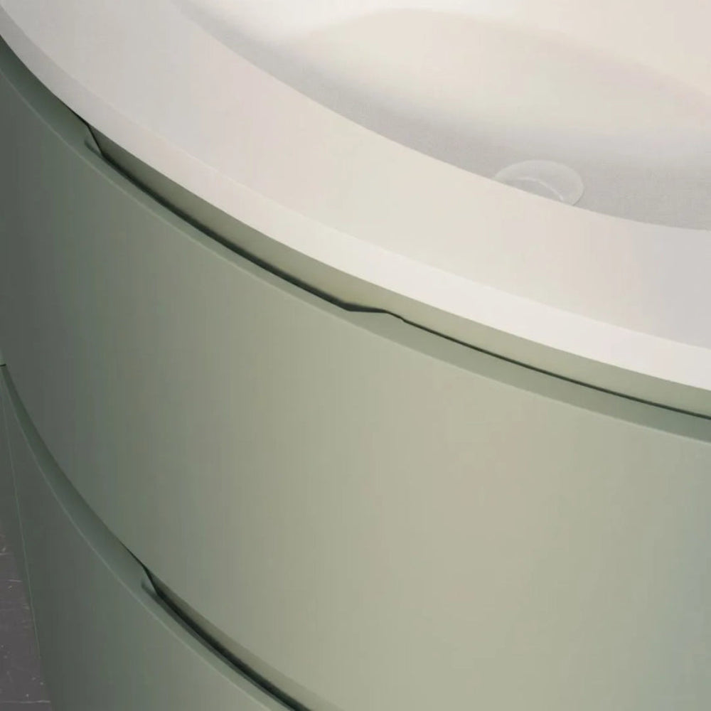 Meuble de salle de bain suspendu vert sauge avec 4 tiroirs et lavabo en résine