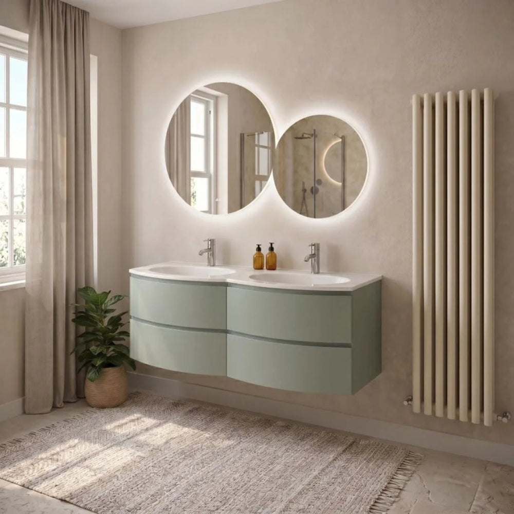 Meuble de salle de bain suspendu vert sauge avec 4 tiroirs et lavabo en résine