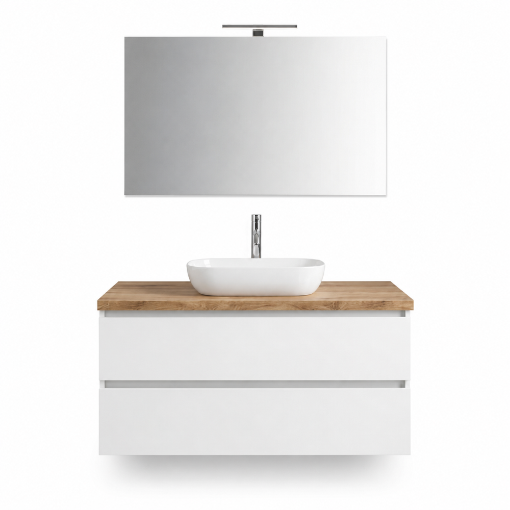 Meuble de salle de bains suspendu 100 cm blanc brillant, plateau en chêne naturel