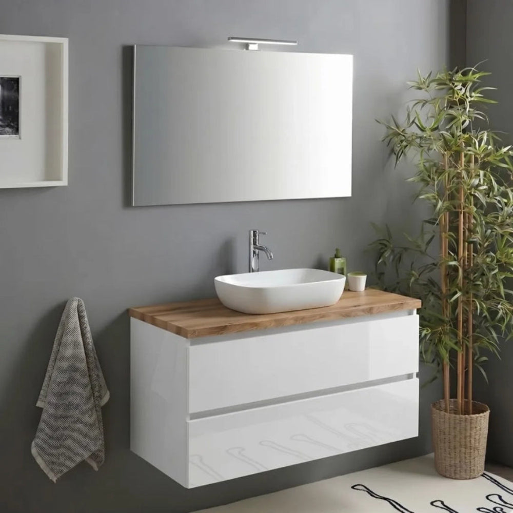Meuble de salle de bains suspendu 100 cm blanc brillant, plateau en chêne naturel