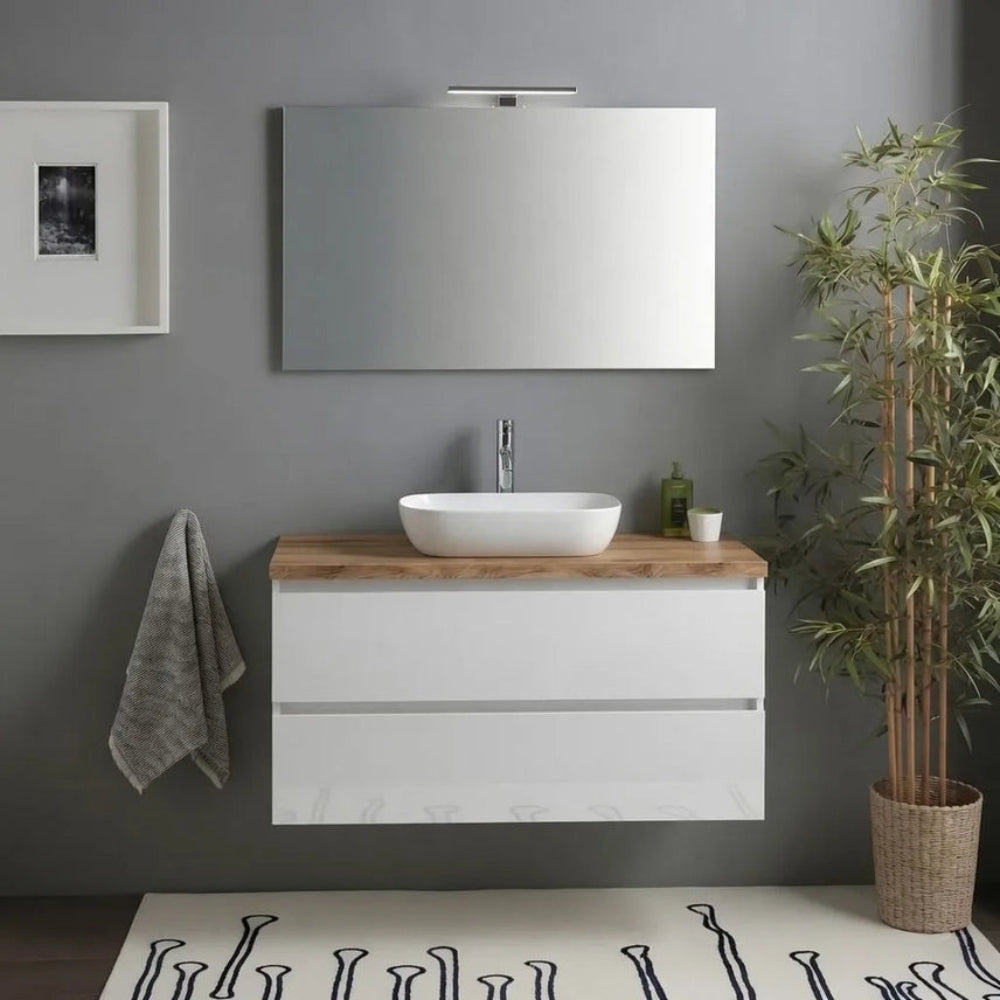 Meuble de salle de bains suspendu 100 cm blanc brillant, plateau en chêne naturel