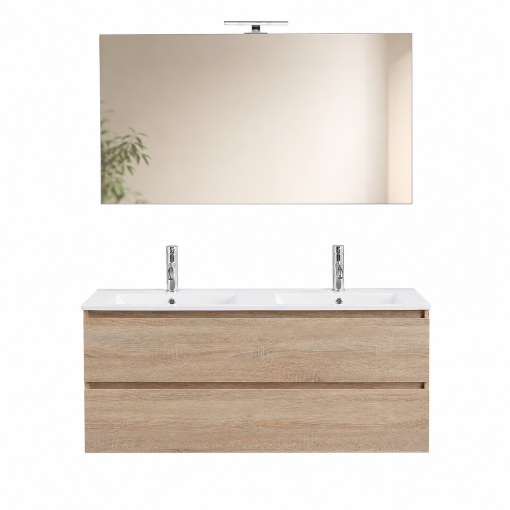 Meuble double vasque 120 cm, 2 tiroirs, finition chêne