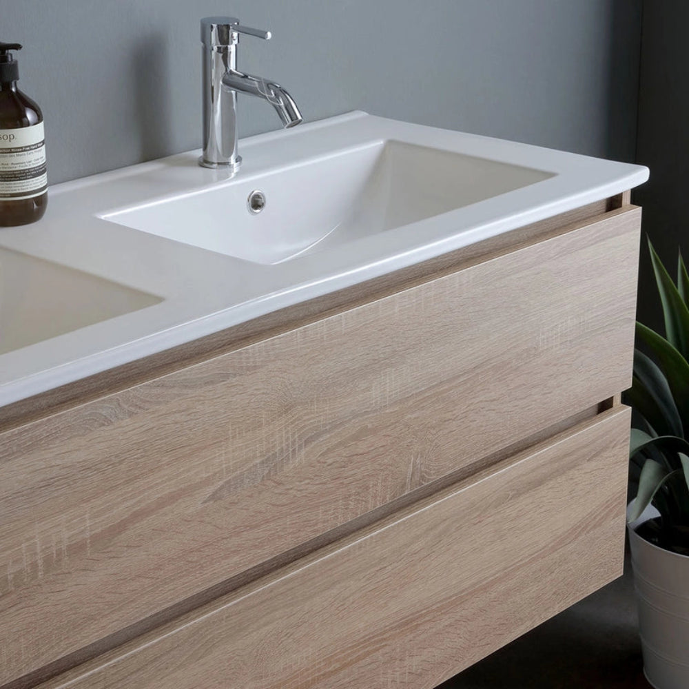 Meuble double vasque 120 cm, 2 tiroirs, finition chêne