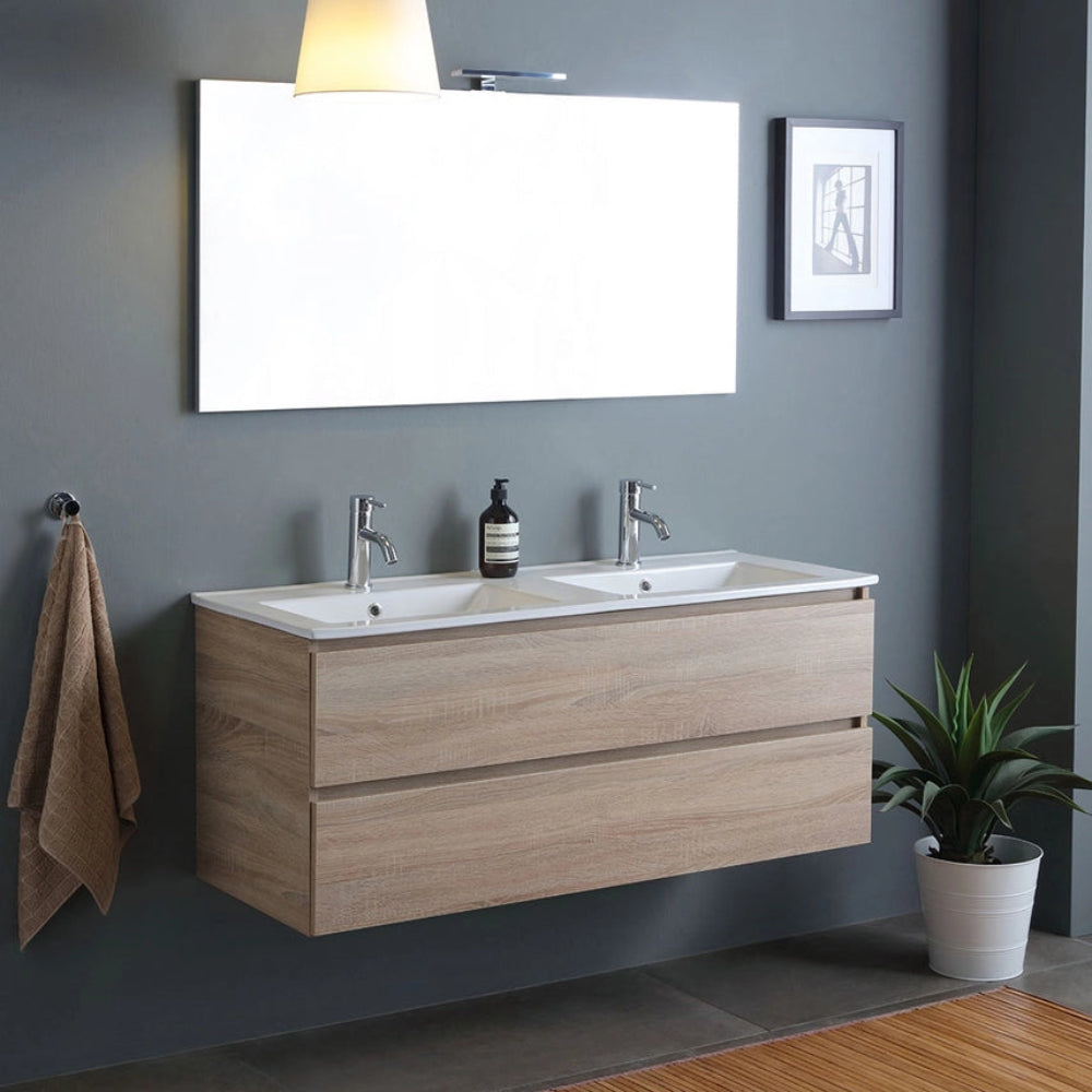 Meuble double vasque 120 cm, 2 tiroirs, finition chêne