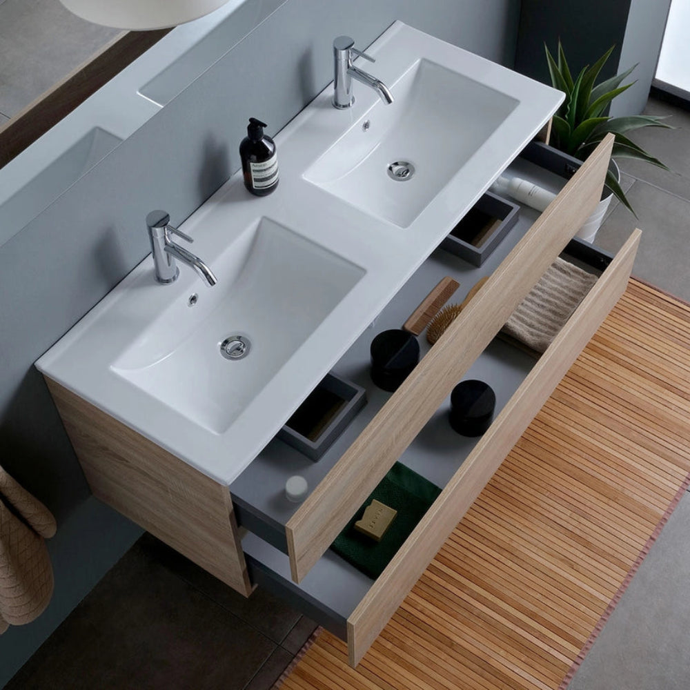Meuble double vasque 120 cm, 2 tiroirs, finition chêne