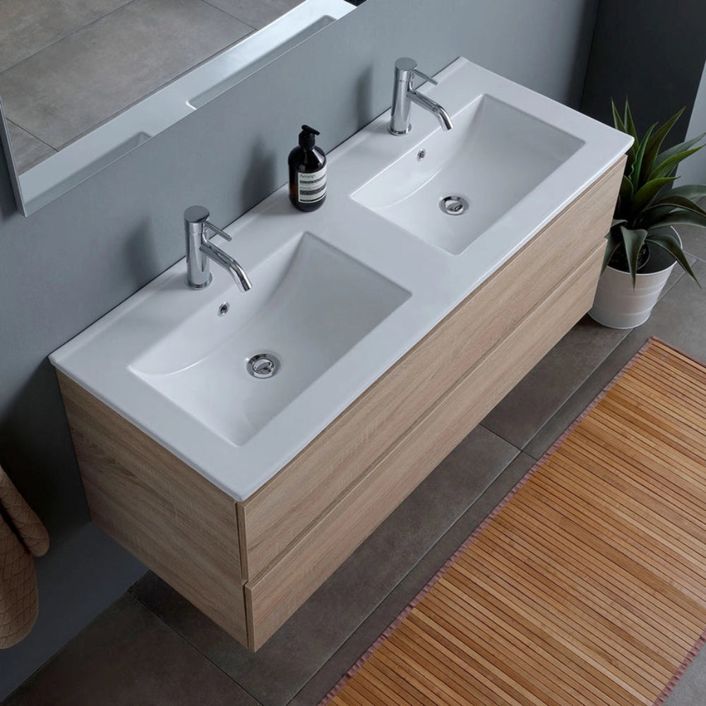 Meuble double vasque 120 cm, 2 tiroirs, finition chêne