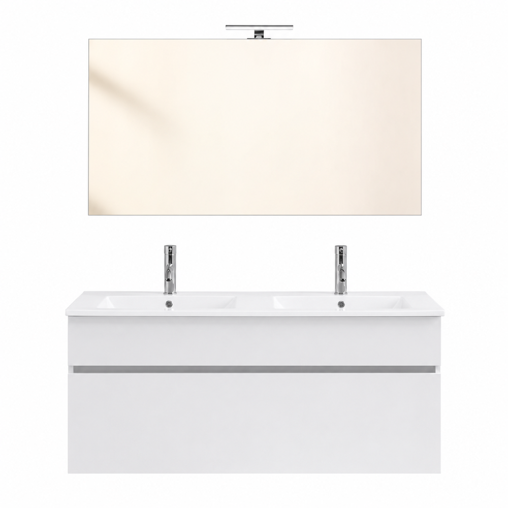 Meuble double vasque suspendu 120 cm, finition blanc effet bois