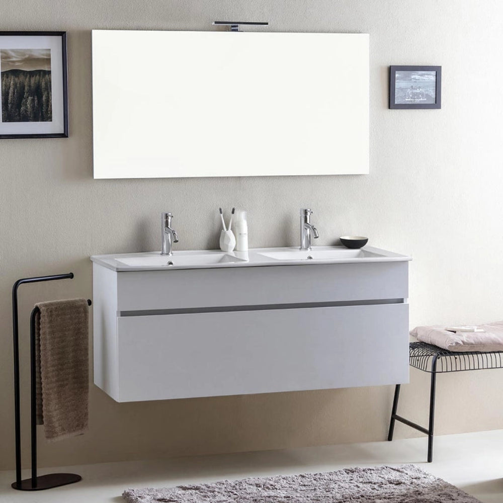Meuble double vasque suspendu 120 cm, finition blanc effet bois