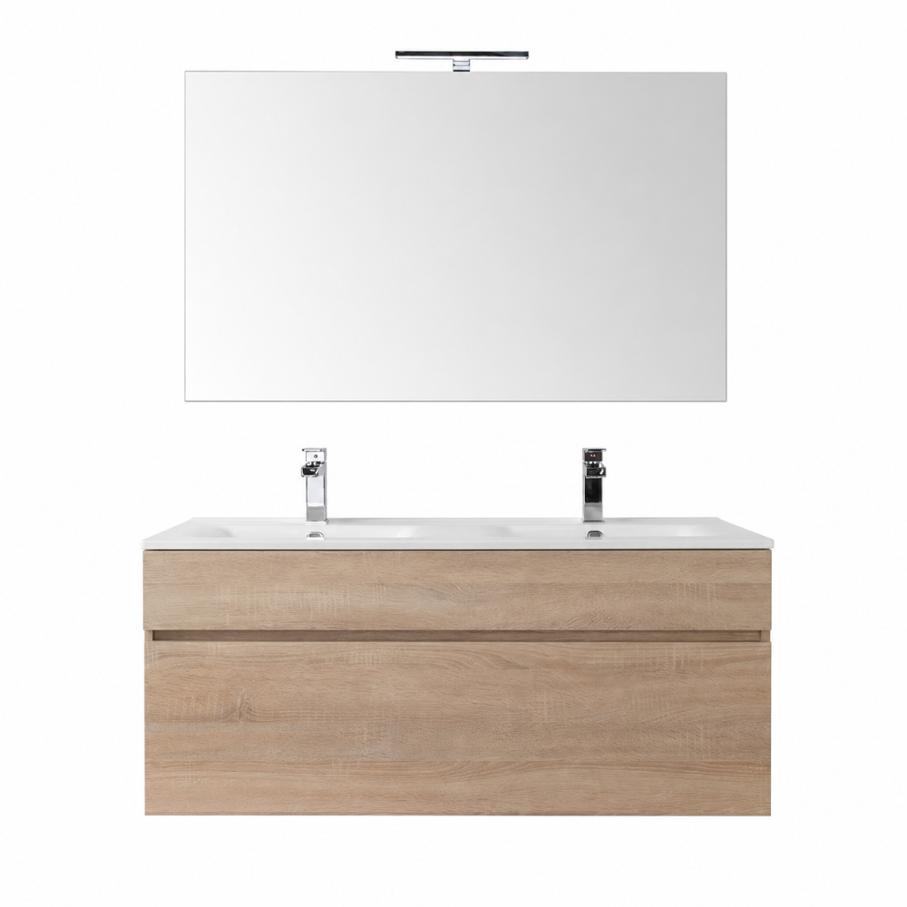 Meuble double vasque suspendu 120 cm lavabo blanc, finition chêne naturel, 1 tiroir