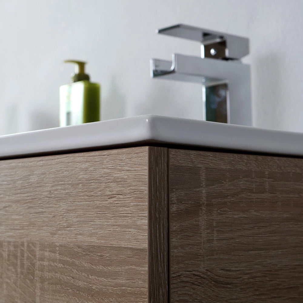 Meuble double vasque suspendu 120 cm lavabo blanc, finition chêne naturel, 1 tiroir