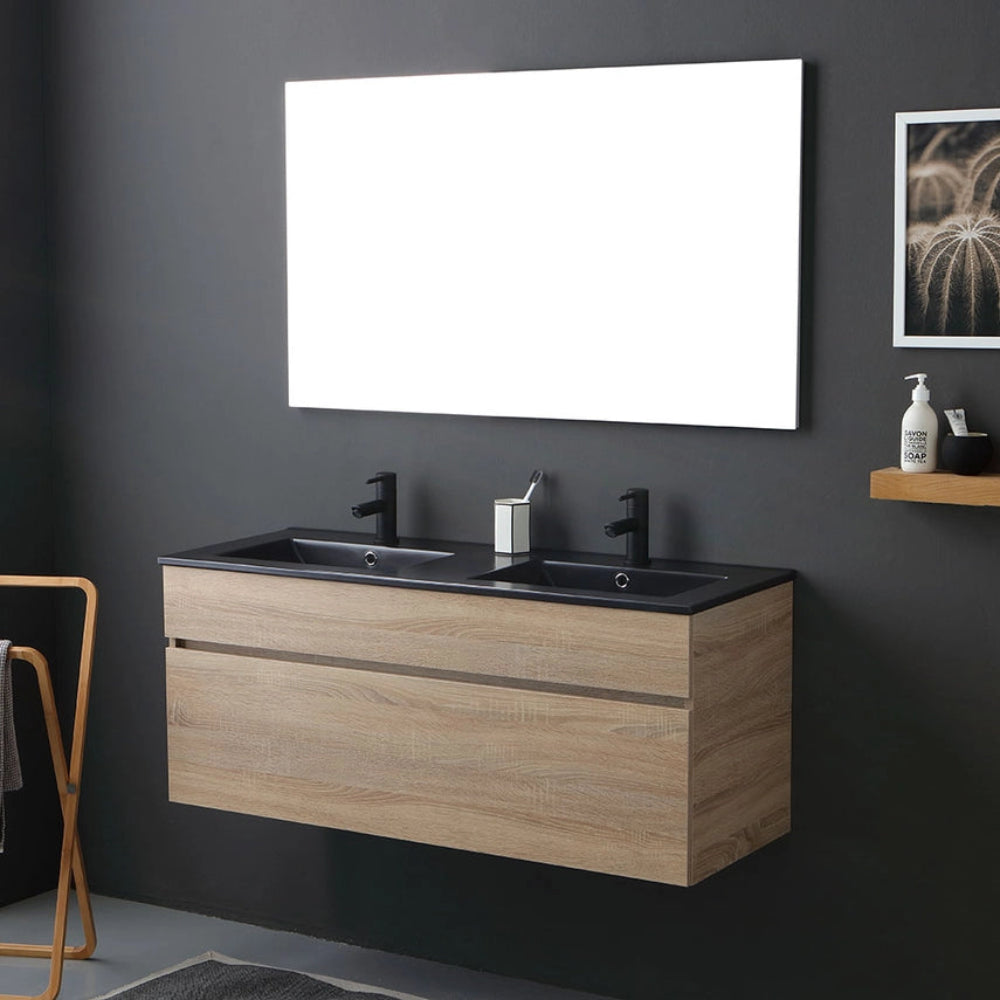 Meuble double vasque suspendu 120cm chêne naturel et noir mat