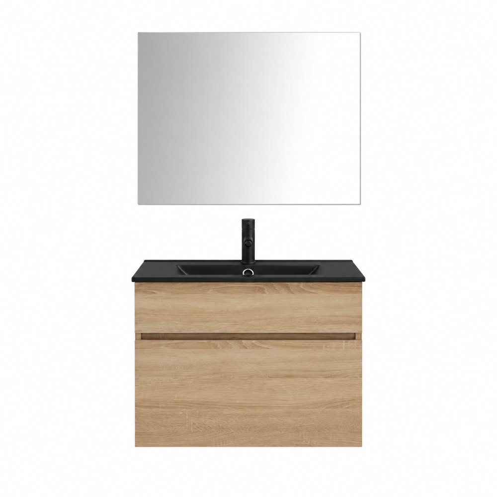 Meuble salle de bain suspendu chêne naturel 60 cm avec lavabo noir mat