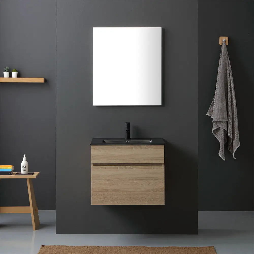 Meuble salle de bain suspendu chêne naturel 60 cm avec lavabo noir mat