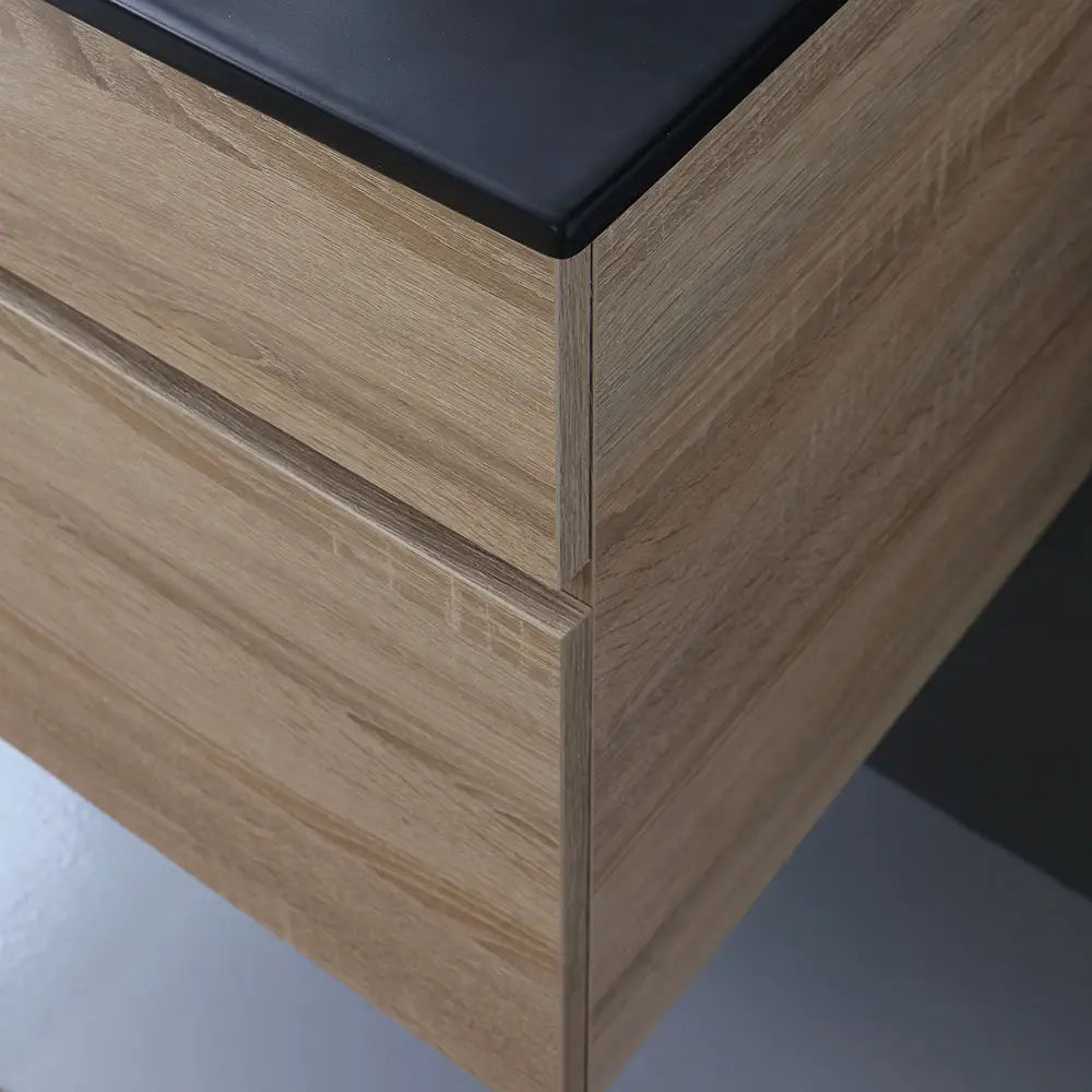 Meuble salle de bain suspendu chêne naturel 60 cm avec lavabo noir mat