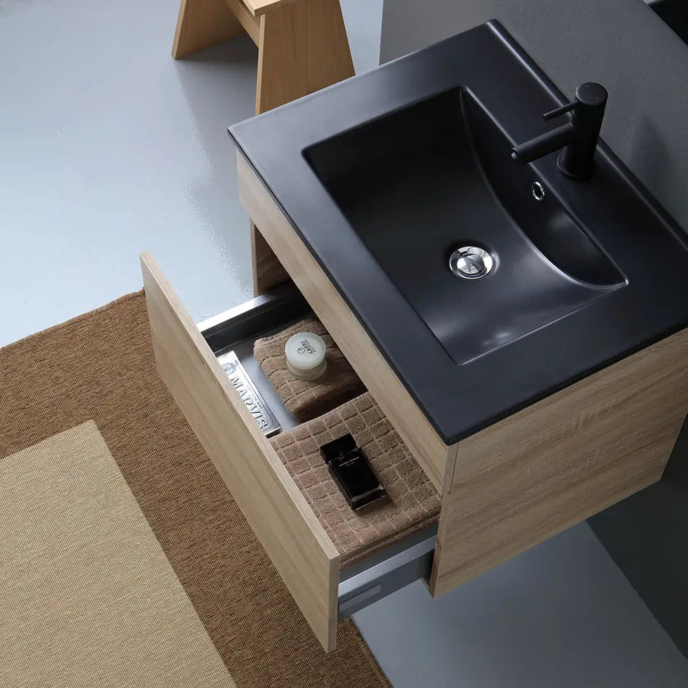 Meuble salle de bain suspendu chêne naturel 60 cm avec lavabo noir mat