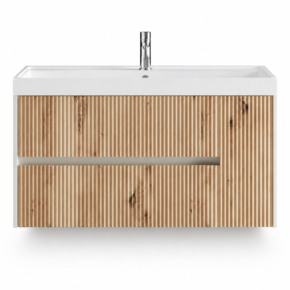 Meuble vasque 100 cm façade cannelée chêne, plan résine blanche