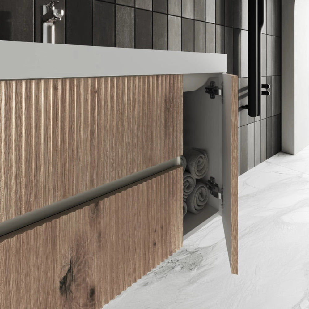Meuble vasque 100 cm façade cannelée chêne, plan résine blanche