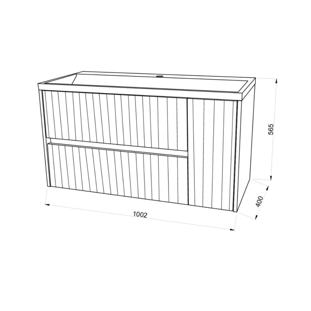 Meuble vasque 100 cm façade cannelée chêne, plan résine blanche