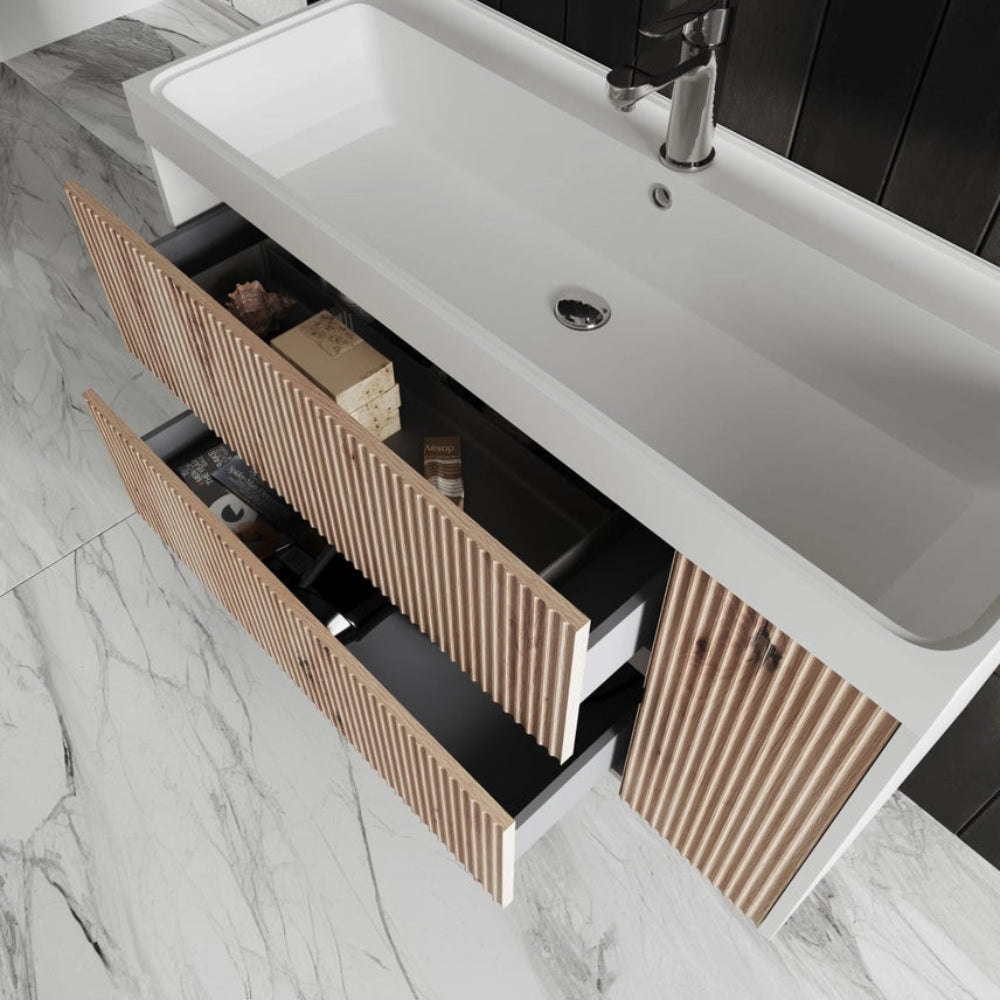 Meuble vasque 100 cm façade cannelée chêne, plan résine blanche